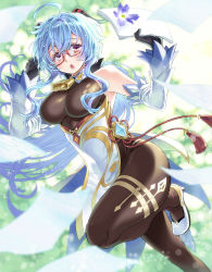 Rule 34 | 1girl, bare shoulders, black gloves, blue hair, blurry, blurry background, breasts, brown legwear, brown leotard, brown pantyhose, detached sleeves, ganyu (genshin impact), genshin impact, glasses, gloves, highres, horns, impossible clothes, large breasts, leotard, long hair, open mouth, pantyhose, pink eyes, sidelocks, skirt, solo, standing, standing on one leg, takanashi ringo, white footwear, white skirt