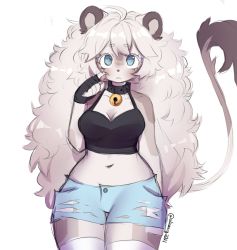 Rule 34 | 1girl, @ @, ahoge, anakoluth, animal ears, bell, black gloves, blue eyes, breasts, choker, cleavage, crop top, denim, denim shorts, fingerless gloves, furry, furry female, gloves, highres, large breasts, lion ears, lion girl, lion tail, long hair, looking at viewer, messy hair, navel, neck bell, original, short shorts, shorts, solo, tail, thighhighs, white hair, white thighhighs