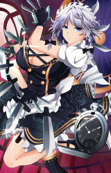 Rule 34 | 1girl, adapted costume, between fingers, black footwear, black gloves, black thighhighs, blue eyes, braid, breasts, cleavage, commentary request, floral print, frilled skirt, frills, gloves, gold trim, hair between eyes, hair ribbon, highres, holding, holding knife, huge breasts, izayoi sakuya, knife, knives between fingers, maid, maid headdress, mary janes, mole, mole under eye, open mouth, pocket watch, puffy short sleeves, puffy sleeves, ribbon, roman numeral, rose print, shoes, short hair, short sleeves, silver hair, skirt, solo, thighhighs, touhou, tress ribbon, twin braids, user pfyt3782, watch