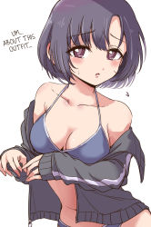 Rule 34 | 1girl, :o, absurdres, bare shoulders, bikini, blue bikini, blush, breasts, brown eyes, brown hair, cleavage, collarbone, flying sweatdrops, grey jacket, hard-translated, highres, idolmaster, idolmaster cinderella girls, jacket, long sleeves, looking at viewer, medium breasts, off shoulder, open clothes, open jacket, parted lips, pizzasi, shiragiku hotaru, short hair, simple background, sleeves past wrists, solo, sweat, swimsuit, third-party edit, translated, white background