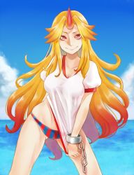 Rule 34 | 1girl, arm at side, arm behind back, bare arms, bare legs, bikini, bikini bottom only, blonde hair, blue sky, bogyaku no m, breasts, chain, cleavage, closed mouth, cloud, collarbone, cowboy shot, cuffs, day, gluteal fold, gradient hair, hair over shoulder, hip focus, horns, hoshiguma yuugi, large breasts, long hair, looking at viewer, multicolored hair, ocean, outdoors, puffy short sleeves, puffy sleeves, red eyes, red hair, shackles, shirt, shirt tug, short sleeves, single horn, sky, smile, solo, standing, striped bikini, striped clothes, summer, swimsuit, touhou, two-tone hair, very long hair, water