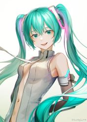 Rule 34 | 1girl, 39, absurdres, aqua eyes, aqua hair, arms behind back, bare shoulders, blue eyes, blue hair, blurry, blurry foreground, breasts, bridal gauntlets, center opening, commentary, elbow gloves, floating hair, gloves, gradient background, hair between eyes, hands on own hips, hatsune miku, hatsune miku (append), highres, long hair, looking at viewer, navel, necktie, number tattoo, open mouth, pale skin, shi niao, sideboob, skinny, small breasts, smile, solo, tattoo, arm tattoo, turtleneck, twintails, twitter username, upper body, very long hair, vocaloid, vocaloid append