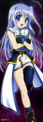 Rule 34 | 00s, 1girl, absurdres, asymmetrical clothes, blue eyes, blue hair, book of the azure sky, hair ornament, highres, long image, lyrical nanoha, mahou shoujo lyrical nanoha, mahou shoujo lyrical nanoha a&#039;s, mahou shoujo lyrical nanoha strikers, matching hair/eyes, reinforce zwei, scan, solo, tall image, thighhighs, x hair ornament