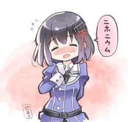 Rule 34 | 10s, 1girl, black hair, blush, commentary request, cowboy shot, closed eyes, gloves, haguro (kancolle), hair ornament, kantai collection, military, military uniform, minimaru, no nose, open mouth, short hair, solo, uniform, upper body, white gloves