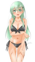 Rule 34 | 1girl, absurdres, aqua hair, bikini, black bikini, breasts, cleavage, commentary request, cowboy shot, front-tie top, green eyes, hair ornament, hairclip, hand on own thigh, highres, kantai collection, large breasts, long hair, maonatten, open mouth, round teeth, side-tie bikini bottom, simple background, smile, solo, standing, suzuya (kancolle), swimsuit, teeth, thigh gap, upper teeth only, wet, wet clothes, wet swimsuit, white background