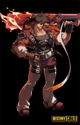 Rule 34 | 1boy, absurdres, black background, black shirt, boots, brown hair, copyright name, destiny child, fingerless gloves, full body, gloves, grin, guilty gear, hand on own hip, headband, highres, holding, holding sword, holding weapon, jacket, logo, looking at viewer, male focus, muscular, muscular male, open clothes, open jacket, over shoulder, pants, ponytail, red footwear, red jacket, sanpaku, shirt, simple background, smile, sol badguy, solo, sword, weapon, weapon over shoulder, white pants, wonchun