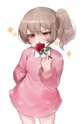 Rule 34 | 1girl, bad id, bad pixiv id, blush, brown eyes, brown hair, collared dress, commentary request, copyright request, covered mouth, cropped legs, dokomon, dress, flower, flower over mouth, hair between eyes, highres, holding, holding flower, kindergarten uniform, korean commentary, long sleeves, pink dress, polka dot, polka dot dress, puffy long sleeves, puffy sleeves, red flower, red rose, rose, simple background, solo, sparkle, v-shaped eyebrows, white background