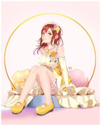 Rule 34 | 1girl, artist request, bare legs, bare shoulders, blush, bow, breasts, bride, brown eyes, brown hair, cleavage, collarbone, dress, female focus, flower, hair between eyes, hair flower, hair ornament, highres, jewelry, knees together feet apart, kunikida hanamaru, legs together, long hair, looking at viewer, love live!, love live! school idol festival, love live! sunshine!!, medium breasts, necklace, necktie, nixour, parted lips, pearl necklace, pearls, shoes, skirt, smile, solo, tiara, wedding, wedding dress, yellow bow, yellow skirt