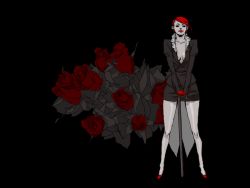 Rule 34 | 1girl, breasts, colored skin, dark, flower, formal, grey skin, grey theme, jacket, lips, medium breasts, meiko (vocaloid), monochrome, pencil skirt, red hair, red theme, rose, rq, short hair, skirt, skirt suit, solo, spot color, suit, vocaloid