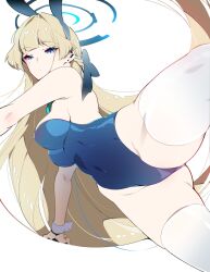 Rule 34 | 1girl, animal ears, bare shoulders, blonde hair, blue archive, blue eyes, blue leotard, blush, bow, bowtie, braid, breasts, detached collar, earpiece, fake animal ears, french braid, halo, highleg, highleg leotard, highres, large breasts, leotard, long hair, looking at viewer, playboy bunny, rabbit ears, solo, thighhighs, thighs, toki (blue archive), toki (bunny) (blue archive), tomoyuki hino, white thighhighs, wrist cuffs