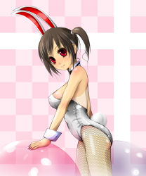 Rule 34 | 1girl, animal ears, ball, brown hair, checkered background, dclc, detached collar, fake animal ears, fishnet pantyhose, fishnets, from side, highres, looking at viewer, one-piece tan, original, pantyhose, pink background, playboy bunny, rabbit ears, rabbit tail, red eyes, short hair, smile, solo, tail, tan, tanline, twintails, wrist cuffs