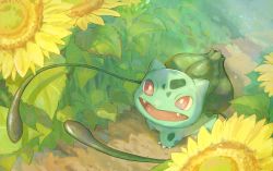 Rule 34 | bulbasaur, creatures (company), day, fangs, flower, fujie-yz, game freak, gen 1 pokemon, grass, highres, leaf, nintendo, no humans, open mouth, outdoors, path, plant, pokemon, pokemon (creature), red eyes, road, solo, sunflower, vines, yellow flower