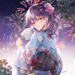 Rule 34 | 1girl, aerial fireworks, black hair, blue kimono, commentary request, fireworks, floral print, flower, from behind, hair flower, hair ornament, hairclip, hand fan, highres, holding, holding fan, japanese clothes, kimono, looking at viewer, looking back, nanami yuuno, night, night sky, obi, outdoors, paper fan, pink flower, print kimono, purple flower, sash, signature, sky, solo, sousouman, twinbox school, uchiwa, upper body, white flower, x hair ornament, yukata