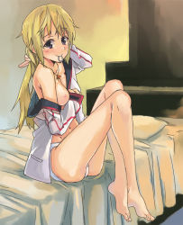 Rule 34 | 10s, 1girl, arm behind head, bad id, bad pixiv id, bare shoulders, barefoot, bed, blonde hair, breasts, charlotte dunois, infinite stratos, jewelry, kno1, legs up, mouth hold, necklace, nipples, off shoulder, panties, purple eyes, ring, sitting, solo, underwear, white panties