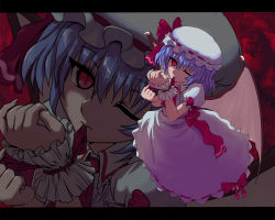 Rule 34 | 1girl, bat wings, blue hair, female focus, hat, ishikkoro, letterboxed, mouth hold, one eye closed, red eyes, remilia scarlet, short hair, solo, touhou, wings, wink, wrist cuffs, zoom layer