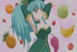 Rule 34 | 00s, animated, animated gif, apple, banana, bouncing breasts, breasts, cherry, food, fruit, grapes, green hair, large breasts, long hair, melon, orange (fruit), pineapple, shizzle, strawberry, very long hair, weiss survive