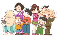Rule 34 | 10s, 1girl, 6+boys, alternate costume, beer can, black hair, bow, bowtie, brown eyes, brown hair, buck teeth, can, chibita, cigar, controller, crossed arms, dayoon, dekapan, drink can, facial hair, flag, formal, hairband, hatabou, highres, hood, hoodie, iyami, japanese flag, kuri (shibimame), low twintails, matsuno osomatsu, multiple boys, mustache, open mouth, orange shirt, osomatsu-kun, osomatsu-san, overalls, popped collar, purple suit, remote control, shirt, short twintails, simple background, skirt, smile, suit, teeth, topless male, traditional bowtie, turtleneck, twintails, white background, yowai totoko