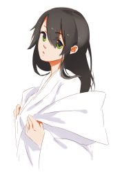Rule 34 | 1girl, 3four, black hair, character request, green eyes, hair between eyes, long hair, looking at viewer, simple background, solo, white background