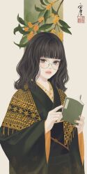 Rule 34 | 1girl, black hair, blunt bangs, book, branch, flower, glasses, gold osmanthus, green kimono, highres, holding, holding book, japanese clothes, kimono, lace, lace shawl, leaf, long sleeves, looking at viewer, medium hair, nail polish, obi, open book, original, parted lips, round eyewear, sash, seal impression, shawl, signature, solo, standing, upper body, ushiyama ame, wavy hair, wide sleeves, yellow flower, yellow shawl