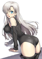 Rule 34 | 10s, 1girl, ass, black thighhighs, blue eyes, blush, bodysuit, breasts, cowboy shot, detached sleeves, earrings, elizabeth liones, from side, hair over one eye, halterneck, jewelry, large breasts, leotard, long hair, nagase haruhito, nanatsu no taizai, open mouth, sideboob, silver hair, simple background, skin tight, solo, standing, surprised, thighhighs, thighs, very long hair, white background