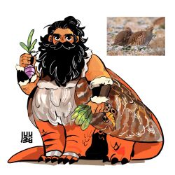 Rule 34 | 1boy, beard, beard over mouth, bird wings, black eyes, black hair, brown wings, bxnke, carrot, centauroid, chimera, claws, commentary, dragon tail, dungeon meshi, english commentary, facial hair, feathered wings, food, full body, hand up, highres, holding, holding food, holding vegetable, long beard, long hair, looking at viewer, male focus, mandrake (dungeon meshi), monster boy, ponytail, reference inset, senshi (dungeon meshi), simple background, solo, standing, tail, taur, thick eyebrows, turnip, vegetable, white background, wings