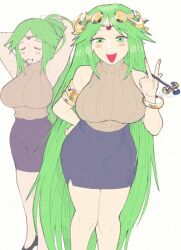 Rule 34 | 1girl, adjusting hair, blush stickers, breasts, closed eyes, forehead jewel, green eyes, hand on own hip, highres, inkerton-kun, kid icarus, kid icarus uprising, large breasts, long hair, looking at viewer, mouth hold, multiple views, nintendo, open mouth, palutena, pencil skirt, ponytail, simple background, skirt, sleeveless, sleeveless turtleneck, smile, turtleneck, very long hair, white background