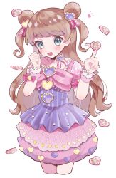 Rule 34 | 1girl, :d, blue eyes, blush, brown hair, cropped legs, double bun, dress, frilled dress, frills, hair bun, hair ornament, hands up, heart, heart hair ornament, heart print, heart stickers, highres, hoshikuzu (pinkholic), idol clothes, index finger raised, kanamori maria, kiratto pri chan, long hair, looking at viewer, open mouth, pink dress, pretty series, puffy short sleeves, puffy sleeves, short sleeves, simple background, smile, solo, standing, two side up, white background