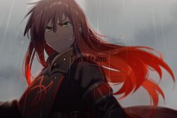 Rule 34 | 1boy, asch (tales), black shirt, echo (circa), floating hair, from side, frown, green eyes, grey sky, hair between eyes, hair down, long sleeves, looking at viewer, looking to the side, male focus, overcast, rain, red hair, shirt, sky, solo, tabard, tales of (series), tales of the abyss, upper body, water