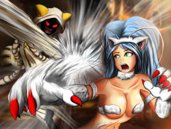 Rule 34 | 2girls, ahoge, animal ears, animal hands, animal hood, aqua eyes, battle, big hair, blazblue, blonde hair, blue hair, bow, braid, breasts, capcom, cat ears, cat paws, choker, claws, clenched hand, coat, death battle, fang, fang out, fangs, feet, felicia (vampire), fighting, foreshortening, green eyes, grin, hair bow, hood, leg warmers, long hair, medium breasts, multiple girls, navel, nude, open hand, open mouth, paw pose, red eyes, shadow, sharp teeth, sleeves past wrists, smile, taokaka, teeth, toned, twin braids, vampire (game), very long hair, wavy hair, yellow bow