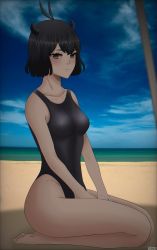 Rule 34 | 1girl, bare shoulders, beach, black clover, black one-piece swimsuit, blush, breasts, brown eyes, closed mouth, competition swimsuit, feet, highres, horns, one-piece swimsuit, sand, secre swallowtail, shadow, short hair, skru, small breasts, smile, swimsuit, tagme, water
