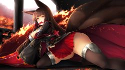 Rule 34 | 1girl, akagi (azur lane), animal ears, azur lane, black gloves, black thighhighs, blunt bangs, blush, breasts, brown hair, day, fire, gloves, large breasts, long hair, looking at viewer, mouth hold, on one knee, pleated skirt, red eyes, red skirt, skirt, solo, tail, thighhighs, tree, usuki (graygreed)