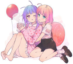 Rule 34 | 2girls, antennae, balloon, bare legs, bare shoulders, barefoot, black footwear, black skirt, blue hair, breasts, closed mouth, collarbone, collared dress, commentary request, copyright request, cup, dress, english text, frilled dress, frills, green eyes, holding, holding cup, long hair, long sleeves, mug, multiple girls, off-shoulder shirt, off shoulder, one eye closed, parted lips, pink dress, pink hair, polka dot, polka dot dress, purple hair, red eyes, shirt, shoes, short eyebrows, short sleeves, skirt, sleeves past wrists, small breasts, snail girl, snail shell, socks, soles, steam, thick eyebrows, vanilla (miotanntann), white background, white shirt, white socks