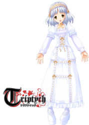 Rule 34 | 1girl, dress, hairband, happy, looking at viewer, miu (triptych), nimura yuuji, open mouth, saiga (company), short hair, simple background, smile, solo, triptych, white background, white hair, yellow eyes
