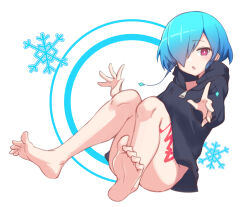 Rule 34 | 1girl, absurdres, aqua hair, azu ankoowl, barefoot, black hoodie, blue hair, character request, convenient leg, copyright request, eyelashes, feet, gradient hair, hair over one eye, hands up, highres, hood, hoodie, leaning back, long sleeves, looking at viewer, medium hair, multicolored hair, no pants, open mouth, purple eyes, shadow, sitting, snowflakes, soles, solo, spread toes, thighs, toe scrunch, toenails, toes