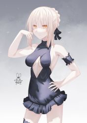 Rule 34 | 1girl, aro 1801, artoria pendragon (alter swimsuit rider) (fate), artoria pendragon (fate), bare arms, bare shoulders, black bow, black one-piece swimsuit, blonde hair, blush, bow, breasts, closed mouth, collarbone, covered navel, fate/grand order, fate (series), hair between eyes, hair ornament, hand on own hip, highres, looking at viewer, medium breasts, miniskirt, one-piece swimsuit, short hair, simple background, skirt, solo, standing, swimsuit, wet, yellow eyes