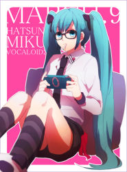Rule 34 | 1girl, aqua eyes, aqua hair, bespectacled, character name, glasses, handheld game console, hatsune miku, kneehighs, long hair, mohi (neku re), mouth hold, necktie, playstation portable, sitting, skirt, socks, solo, striped clothes, striped socks, twintails, very long hair, vocaloid