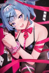 Rule 34 | 1girl, black leotard, black pantyhose, blue eyes, blue hair, blush, bow, bowtie, breasts, card, collar, cowboy shot, cuffed, cuffs, detached collar, hair ornament, hairband, hatsune miku, highres, leotard, looking at viewer, lying, medium breasts, multicolored hair, necktie, on side, open mouth, pantyhose, pink hair, pink pupils, playboy bunny, playing card, rabbit hole (vocaloid), red bow, red bowtie, red necktie, red ribbon, reiji-rj, ribbon, short hair, short necktie, smile, solo, teardrop facial mark, teardrop tattoo, teeth, upper teeth only, vocaloid, white collar, white hairband, x hair ornament
