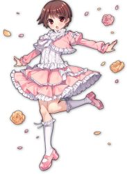 Rule 34 | 1girl, artist request, bow, brown eyes, brown hair, dress, flower, frilled dress, frills, game cg, looking at viewer, mahjong soul, miyanaga saki, official art, open mouth, outstretched arms, petals, pink dress, pink footwear, raised eyebrows, saki (manga), simple background, solo, spread arms, standing, standing on one leg, transparent background, white bow, yostar