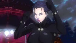 Rule 34 | 00s, 1girl, animated, anime screencap, arms up, black hair, blue eyes, bodysuit, bouncing breasts, breasts, female focus, fighting stance, folded ponytail, gantz, gantz suit, highres, large breasts, lips, lipstick, looking at viewer, makeup, open mouth, ponytail, ryona, sakuraoka sei, screencap, skin tight, skin tight suit, solo, solo focus, video