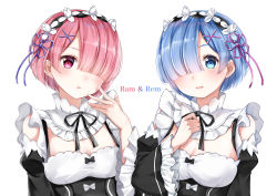 Rule 34 | 2girls, :d, absurdres, bare shoulders, black bow, black ribbon, blue eyes, blue hair, blush, bow, breasts, character name, cleavage, detached collar, detached sleeves, dress, dress bow, female focus, frilled sleeves, frills, hair ornament, hair over one eye, hair ribbon, hairclip, hand up, highres, long sleeves, looking at viewer, maid, maid headdress, matching hair/eyes, medium breasts, multiple girls, neck ribbon, one eye covered, open mouth, parted lips, pink eyes, pink hair, purple ribbon, ram (re:zero), re:zero kara hajimeru isekai seikatsu, rem (re:zero), ribbon, roswaal mansion maid uniform, short hair, siblings, simple background, sisters, small breasts, smile, twins, upper body, white background, white bow, x hair ornament, yoshinon (yoshinon kotori)