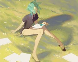 Rule 34 | 1other, androgynous, aqua hair, aqua nails, artist name, belt, black footwear, black shirt, black shorts, bug, butterfly, clipboard, closed mouth, collared shirt, crystal hair, closed eyes, eyes visible through hair, flower, glowing, glowing hair, grass, hand rest, highres, houseki no kuni, insect, jianli, light blush, light smile, nail polish, necktie, paper, papers, phosphophyllite, puffy short sleeves, puffy sleeves, shirt, short hair, short jumpsuit, short shorts, short sleeves, shorts, signature, sitting, smile, translucent, translucent hair, white belt, white shirt