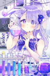 Rule 34 | 1girl, :o, ahoge, animal ear fluff, animal ears, bare arms, bare shoulders, blue nails, blush, bow, braid, braided bangs, collarbone, commentary request, curtains, diagonal-striped bow, dress, erlenmeyer flask, flask, flower, flower-shaped pupils, hair flower, hair ornament, hands up, heterochromia, highres, holding, indoors, light bulb, long hair, nail art, nail polish, original, parted lips, pink flower, purple eyes, purple flower, purple hair, purple nails, round-bottom flask, sakura oriko, sleeveless, sleeveless dress, solo, symbol-shaped pupils, upper body, vial, white dress, window