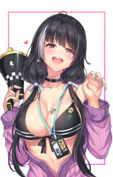 Rule 34 | 1girl, ahoge, alternate costume, bikini, black bikini, black hair, blue nails, blush, breast tattoo, breasts, cenangam, cleavage, collar, collarbone, earrings, front-tie top, girls&#039; frontline, hair over shoulder, head tilt, heterochromia, holding, holding megaphone, jewelry, lanyard, large breasts, long hair, looking at viewer, megaphone, multicolored hair, nail polish, name tag, off shoulder, open clothes, orange eyes, purple sweater, red eyes, ribbed sweater, ro635 (girls&#039; frontline), solo, star (symbol), star earrings, streaked hair, sweater, swimsuit, tattoo, teeth, twintails, upper body, upper teeth only, white hair, yellow eyes