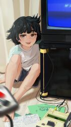 Rule 34 | 1girl, arm support, bandaid, bandaid on leg, barefoot, black hair, blue shorts, blurry, blurry foreground, bob cut, brown eyes, cable, commentary, controller, crt, denim, denim shorts, depth of field, game console, game controller, green shirt, hand on ground, highres, katya (servachok), knees up, looking at viewer, loose hair strand, messy hair, on floor, on ground, open mouth, original, paper, pelvic curtain, pov, raglan sleeves, russian commentary, russian text, servachok, shirt, short hair, short sleeves, shorts, sitting, smile, solo, t-shirt, teeth, television, thick eyebrows, translation request, two-tone shirt, upper teeth only, upturned eyes, white shirt, wooden floor