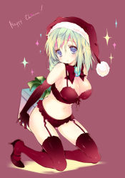 Rule 34 | 1girl, bad id, bad pixiv id, blue eyes, blush, box, bra, breasts, character request, christmas, cleavage, elbow gloves, emily (pure dream), full body, garter straps, gift, gift box, gloves, green hair, hat, high heels, kneeling, large breasts, merry christmas, navel, open mouth, panties, red bra, red gloves, red panties, red thighhighs, santa hat, shoes, short hair, simple background, solo, source request, sparkle, thighhighs, underwear, underwear only