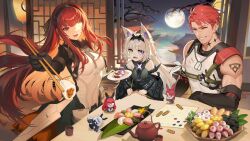 1boy 2girls architecture bad_tag chopsticks dessert drooling east_asian_architecture food full_moon highres moon multiple_girls no._21:_feral_scent_(pgr) no._21_(pgr) noctis_(pgr) official_art punishing:_gray_raven sweets teapot vera:_rozen_(pgr) vera_(pgr)