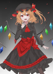 Rule 34 | 1girl, :d, adapted costume, arm at side, ascot, black hat, black shirt, black skirt, blonde hair, bow, center frills, commentary request, commission, crystal, double-parted bangs, eyelashes, fangs, feet out of frame, fingernails, flandre scarlet, floating hair, frilled shirt, frilled skirt, frills, gem, gothic lolita, grey background, hair between eyes, hand up, hat, hat bow, highres, kuro wa shinoru, light particles, lolita fashion, long fingernails, long sleeves, looking at viewer, medium hair, mob cap, open mouth, puffy long sleeves, puffy sleeves, red ascot, red bow, red eyes, red gemstone, red nails, sharp fingernails, shirt, side ponytail, simple background, skeb commission, skirt, smile, solo, standing, teeth, touhou, tsurime, upper teeth only, wings