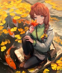 Rule 34 | 1girl, animal, autumn leaves, bag, black pantyhose, blue eyes, braid, breasts, brown footwear, brown hair, closed mouth, commentary request, day, fish, from above, ginkgo tree, ginkgo leaf, green sweater, grey jacket, grey shorts, hair over shoulder, highres, holding, holding leaf, jacket, koi, large breasts, leaf, lee hyeseung, long hair, long sleeves, looking at viewer, maple leaf, open clothes, open jacket, original, outdoors, pantyhose, pond, ribbed sweater, ripples, rock, shoes, short shorts, shorts, shoulder bag, smile, solo, sweater, turtleneck, turtleneck sweater, twin braids, water