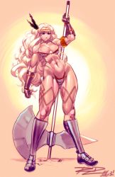 Rule 34 | 1girl, abs, amazon (dragon&#039;s crown), armlet, armor, armorkini, bad id, bad tumblr id, bikini, bikini armor, blonde hair, boots, breasts, circlet, contrapposto, dragon&#039;s crown, feathers, gloves, greaves, halberd, highleg, highleg bikini, highleg swimsuit, highres, huge weapon, large breasts, long hair, long legs, muscular, muscular female, navel, over shoulder, polearm, red eyes, robaato, solo, standing, swimsuit, tattoo, thick thighs, thighs, wavy hair, weapon, weapon over shoulder, wide hips