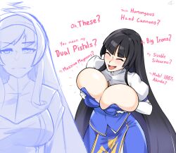 Rule 34 | 2girls, :d, ahoge, annoyed, black hair, blue dress, blunt bangs, breast hold, breasts, camerata, cleavage, closed eyes, commentary, dress, elbow gloves, english commentary, english text, gloves, hairband, highres, hime cut, kaguya jingu, large breasts, long hair, medium breasts, meme, multiple girls, oh these? my boobies? (meme), open mouth, orie ballardiae harada, simple background, smile, under night in-birth, under night in-birth 2 sys:celes, very long hair, white background, white gloves